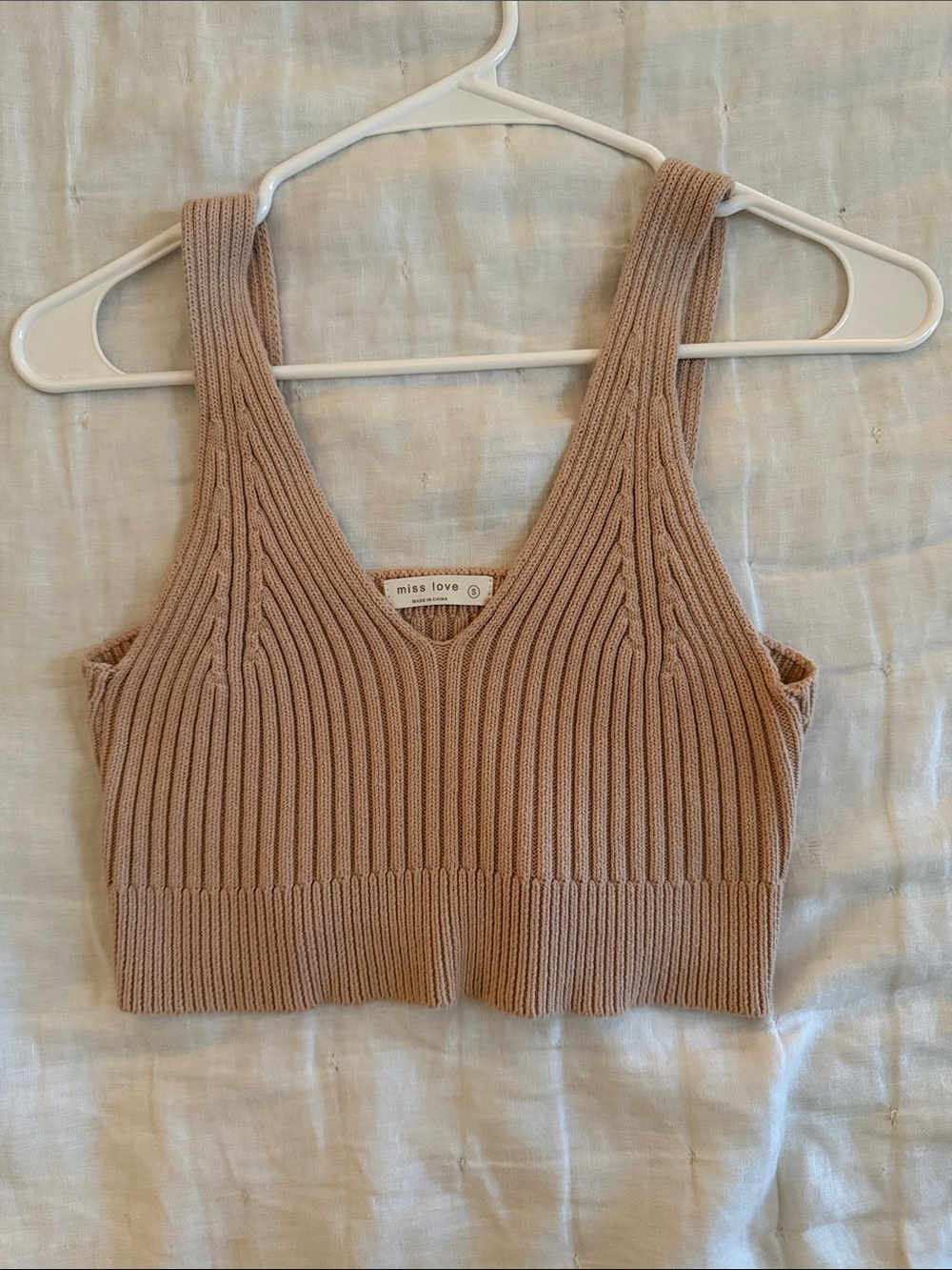 Miss Love Ribbed V-Neck Crop Tank — Taupe